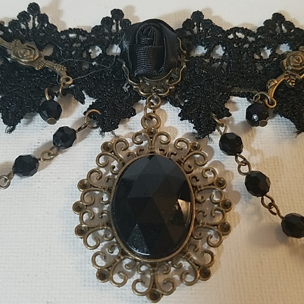 Black Beaded Satin Large Charm Choker 23" - Picture 6 of 8